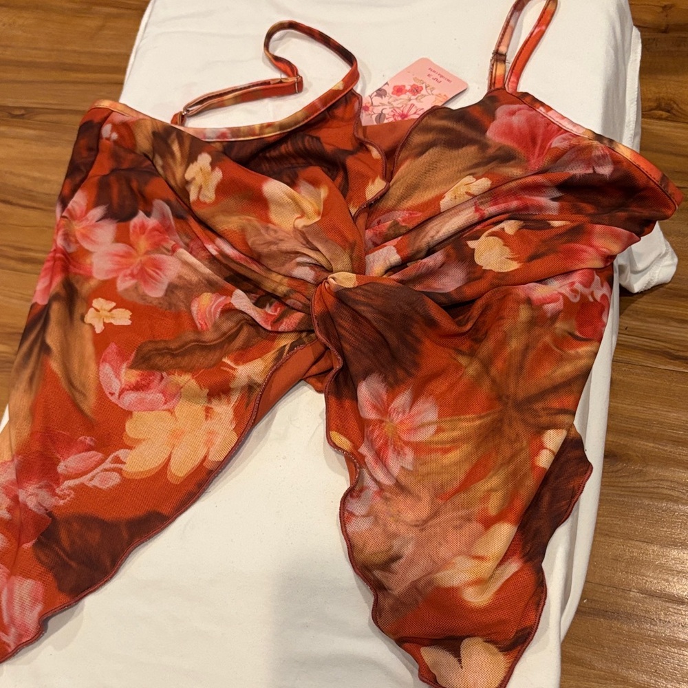 SHEIN Floral Tie-Front Crop Top - Red and Brown